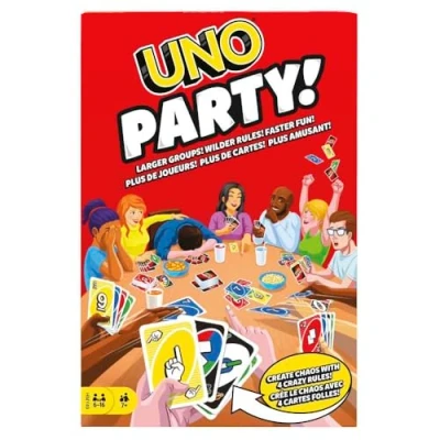 Imagen de Mattel Games Juego de Cartas UNO Party! Mesa Familiar para Grupos Grandes, niños, niñas y Adultos +7 años (Mattel HMY49)