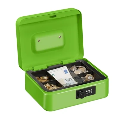 Imagen de Relaxdays Caja Dinero, Combinación 3 Números, Bandeja para Monedas, Cajita Hierro, 8,5 x 20 17 cm, Verde