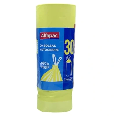 Imagen de Alfapac Rollo de 20 bolsas basura autocierre 30 L capacidad especiales envases y cubos altos 50x75 cms, color amarillo