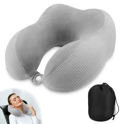Imagen de Almohada de Viaje, Cuello Cojin Viaje con Cremallera, Avion, Collarin Cervical Avion Viscoelastico, Cojín Bolsa Transporte (Gris)