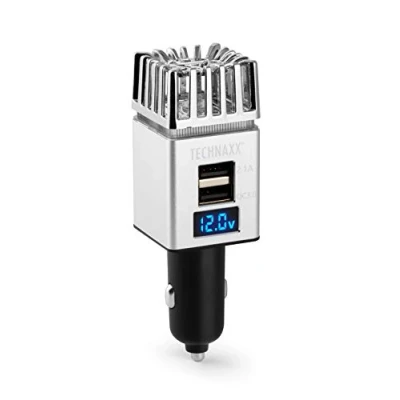 Imagen de Technaxx Car Air Purifier 12/24V, 2x USB Quick Charger 3.0, Ion Balance, Elimina el Humo de los Cigarrillos, Olor las Mascotas y la Comida Ambientador Portátil TX 130