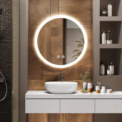 Imagen de EMKE Espejo de Baño con Iluminación, Diámetro 60cm, Redondo Interruptor Táctil, Antivaho, Función Memoria, Luz Cálida/Blanca Fría/Neutra