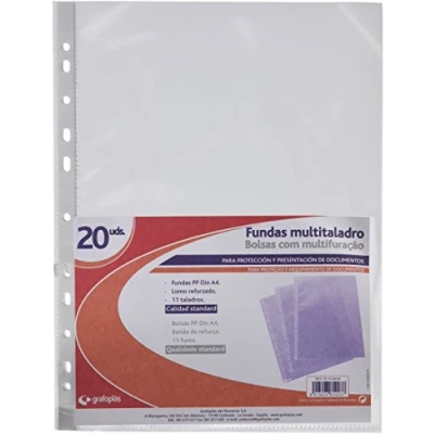 Imagen de Grafoplas 78149800. Bolsa de 20 Fundas A4 Transparentes, Polipropileno Liso Estándar, Tamaño A4, 11 Perforaciones