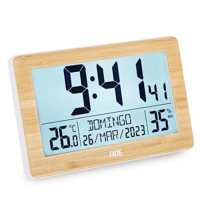 Imagen de ADE Reloj Digital XL Radio controlado con dígitos Muy Grandes de Mesa 2 Horas Alarma e iluminación termómetro higrómetro Marco Delgado Hecho bambú Real