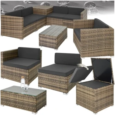 Imagen de TecTake® Conjunto Jardín de Ratán, Muebles Exterior 5 Sillones, 1 Mesa Cristal, Caja Almacenamiento, Terraza Resistente a la Intemperie, con Cojines, Estructura en Acero Natural