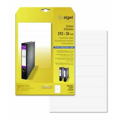 Imagen de SIGEL LA410 Etiquetas para archivadores (Ink/Laser/Copy), 192x38 mm (A4), 175 Et.=25 hojas
