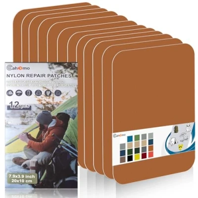 Imagen de Parche autoadhesivo de nailon, Cahomo 12 piezas 20X10 cm Parches reparación Nylon, impermeable autoadhesivo, para chaquetas, tiendas campaña, paraguas Marrón Claro