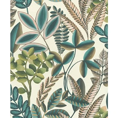 Imagen de Rasch 485523 Plantas y hojas en turquesa verde sobre fondo claro de la colección Florentine III 10,05 m x 0,53 (largo ancho), papel pintado no tejido, color crema