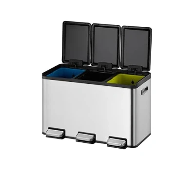 Imagen de EKO Cubo De Basura 10L + Esencial, Reciclaje Acero Inoxidable Triple Compartimento Cocina, Pedal y Cierre Suave Cubos