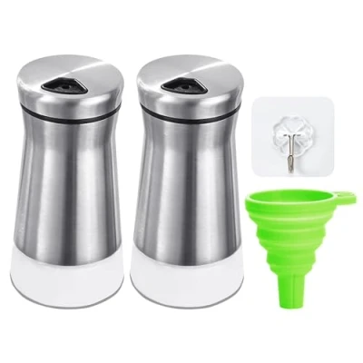 Imagen de 2 saleros y pimenteros, 1 embudo, gancho, salero pimentero con tapa giratoria, base transparente, pimentero, botella dispensadora rellenable