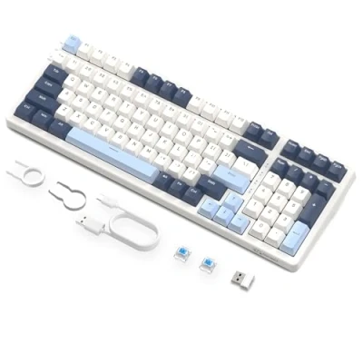 Imagen de Teclado Mecánico Inalámbrico de Intercambio en Caliente para Juegos, Retroiluminado RGB con Cable, Interruptor Azul, Bluetooth/2,4 Ghz/USB C Batería 4000 mAh Mac/Win Azul/Blanco
