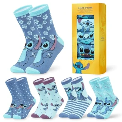 Imagen de Disney Calcetines Mujer Divertidos, Pack de 5 Estampados, Regalos Originales para Lilo y Stitch, Princesas, Villanos, Winnie Pooh, Mickey, Minnie, Baby Yoda (Azul Stitch)