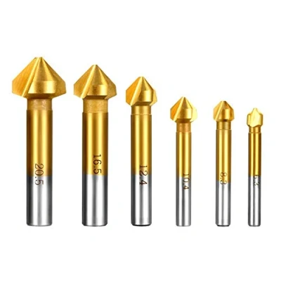Imagen de Juego de brocas avellanadas, HSS 4241 90 Tres flautas titanio recubierto metal para madera y suave, 6 piezas cortador chaflán incluye escariador agujeros 6,3 20,5 mm