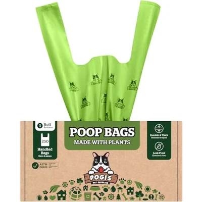 Imagen de Pogi&#039;s Compostable Poop Bags 250 bolsas para perros con asas fáciles de atar, a base plantas, residuos compostables el hogar certificación ASTM D6400, EN13432