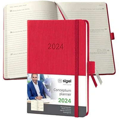 Imagen de SIGEL C2465 Conceptum Agenda semanal 2024, aprox. A6, rojo, tapa dura, dos páginas = una semana, 176