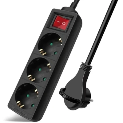 Imagen de EXTRASTAR Regleta Alargador con 3 Enchufes e Interruptor, Cable 1.5M Clavija Plana, para el hogar, Oficina y Viajes, 16A, 250V, 3680W, Negro