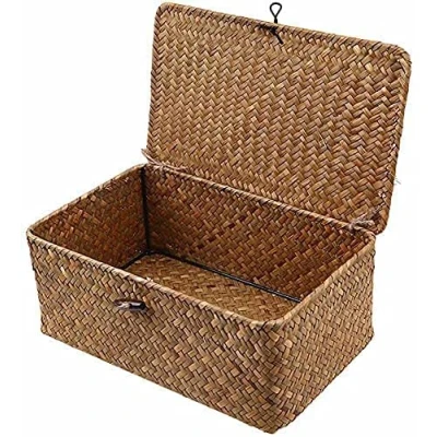 Imagen de Cesta de almacenamiento Seagrass mimbre con tapa ratán trenzado hecha a mano (grande, 29 x 19 12 cm)