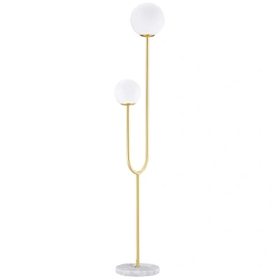 Imagen de HOMCOM Lámpara de pie metal sobre salón dorado con 2 cabezas pantallas globo blanco cristal esmerilado 25W 33 x 25 155,5 cm