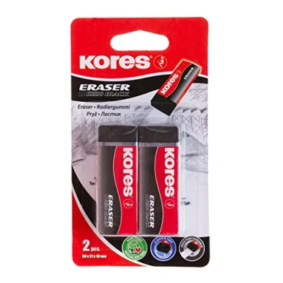 Imagen de Kores KE 20: Borradores de PVC negro con funda papel para niños, estudiantes y adultos, no tóxico apto material escolar oficina, 60 x 21 10 mm, paquete 2