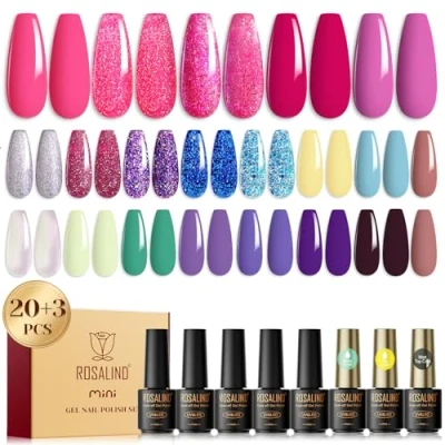 Imagen de ROSALIND 23Pcs Esmalte Semipermanente, 20 Colores Mini Plata Rosa Púrpura Azul Amarillo Glitter Pintauñas Semipermanentes para Principiantes Art DIY