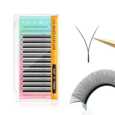 Imagen de NAGARAKU YY Pestañas Suministros Y Lash Abanicos Prefabricados 4D Volumen Ruso Cruz Tejidas a Mano Malla en Forma Eyelash Extension Wispy Cluster Negro Mate 12 Filas(0.07 C Curl 11mm）