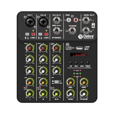 Imagen de D Debra V4 Mezclador de audio 4 canales con MP3 USB Bluetooth, alimentación fantasma 48 V, tablero mezcla sonido para vivo, boda, fiesta, grabación transmisión (negro)