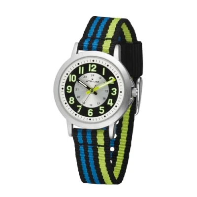 Imagen de Atrium Reloj de pulsera analógico para niños cuarzo, extraclaro, con correa nailon a rayas, color negro, azul claro, verde claro A50 13, multicolor, Clásico