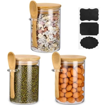 Imagen de Juego de 3 Tarros Cristal, Vidrio con tapa y cuchara,540ml Frascos Tapa,Sellado contra la humedad,Botes Cristal Cocina, Botes especias para condimentos, cereales,