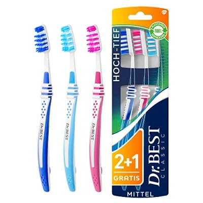 Imagen de Dr.BEST Cepillo de dientes alto y profundo, medio, paquete económico (2 + 1 unidades gratis). las filas más cortas limpian la superficie los dientes, largas están especialmente diseñadas