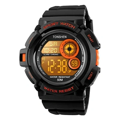 Imagen de TONSHEN Grande Digital Reloj Hombre Deportivo Impermeable 50M Resistente al Agua Multicolor LED Luz Multifuncional Outdoor Militar Electrónica Plastico Relojes de Pulsera y Goma Correa (Naranja)