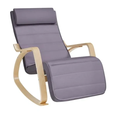 Imagen de SONGMICS LYY010G01 Mecedora con reposabrazos de Madera Abedul, reposapiés Ajustable en 5 Posiciones, soporta hasta 150 kg, para Dormitorio, salón, Color Gris Claro y Natural