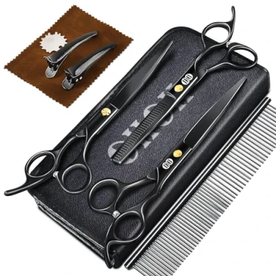 Imagen de CIICII Tijeras para Perros Profesional, 7.8&quot; Juego de Aseo (Canina/Gatos Peluqueria Entresacar &amp; Curvas) Mascotas Bricolaje (Pesada Deber 9 Pcs Negro)