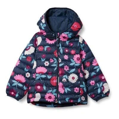 Imagen de Amazon Essentials Chaqueta Acolchada con Capucha, Plegable, Ligera y Resistente al Agua Niña, Azul Marino Floral, 3 años
