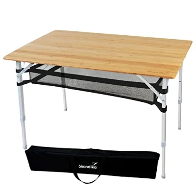 Imagen de skandika Tolja Mesa de Camping bambú Plegable, Estante Rejilla, Varios tamaños, Regulable en Altura 3 Posiciones, Aluminio, Madera, Resistente a la Intemperie (100 x 65 cm)