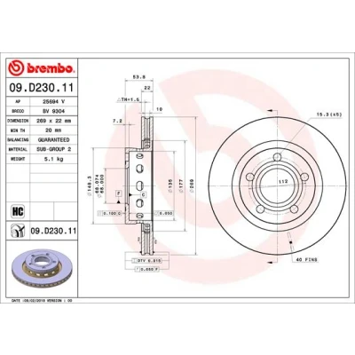 Imagen de BREMBO 09.D230.11 Disco de freno 269 22 5 ventilación interna revestido altamente carbonizado AUDI: A6 C5 Avant, Berlina