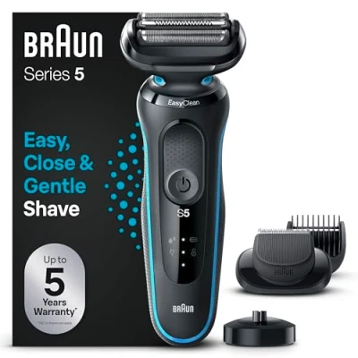 Imagen de Braun Series 5 Afeitadora Eléctrica Hombre, Máquina De Afeitar Barba con Cabezal y Cuchillas Flexibles, Accesorio Cortabarba Incluido Base Carga, Impermeable Recargable, 51 M4500cs, Gris/Azul