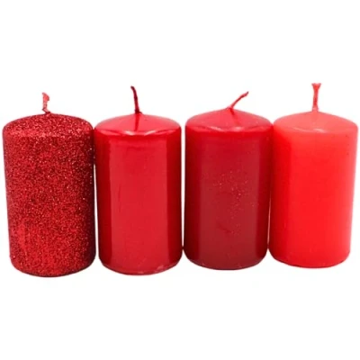 Imagen de velas de Adviento, en tonos rojos, diferentes matices, tamaño H/Ø aprox. 7 x 4 cm, 250 g, tiempo combustión 10 h