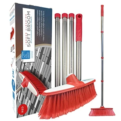 Imagen de escoba de barrido suave para interiores con cepillo mango largo acero inoxidable multisección, casa, cerdas suaves limpiar suelos del hogar y la cocina (rojo)