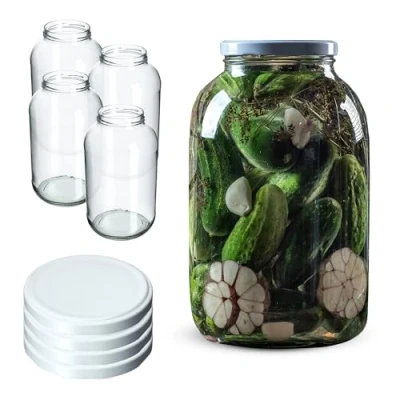 Imagen de KADAX tarros de conservas 4 L, fi100 mm, para conservas, redondos, pepino, (4 unidades, tapas blancas)