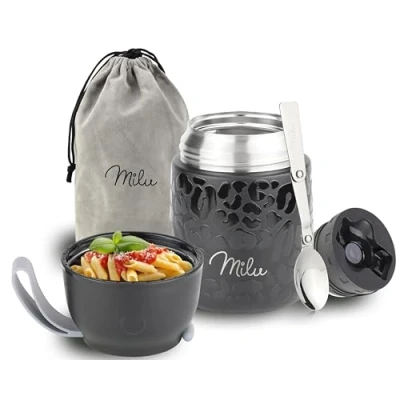 Imagen de Milu Termo para Comida 450 ml Taza Aislada, Botella de Acero Inoxidable Aislada Alimentos, Beber y sopa los niños adultos Térmico (450ml/Black Leopard)