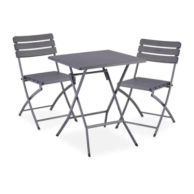 Imagen de Relaxdays Table pliante et 2 chaises pour Juego Muebles de Balcón, Conjunto Mesa y Sillas Jardín, Plegable, Efecto Madera, Acero Plástico, Gris, 74 x 61 cm