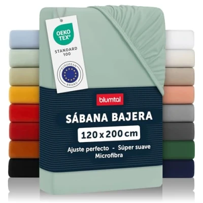 Imagen de Blumtal Basics Sábana Bajera Ajustable de Microfibra Cepillada para colchón 25 27 cm Altura, Cama 120: 120 x 200 30cm, Verde Claro