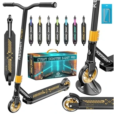 Imagen de KESSER® Patinete acrobático X Limit Pro, Funscooter con dirección de 360Ḟ, Soporte, rodamientos Bolas ABEC 9, Ruedas PU 110 mm, Scooter, Negro/Oro