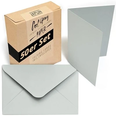 Imagen de Japun Juego de 50 tarjetas plegables et sobres, para diseñar, etiquetar o imprimir DIN A6 / C6 gris