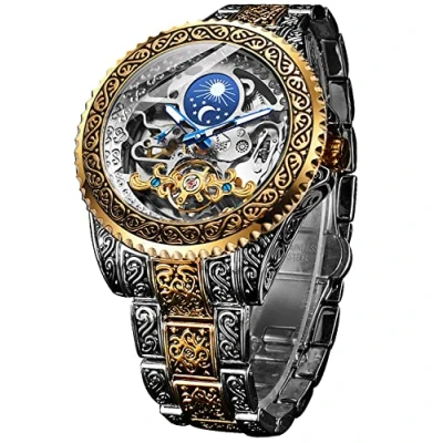 Imagen de FORSINING Reloj retro para hombre, tallado, mecánico, tatuaje, tourbillon, fase lunar, segundos independientes, esqueleto, automático, esfera grande, dorado, Correa