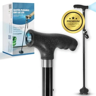 Imagen de OrtoPrime Bastón Plegable para Mayores con LUZ LED Bastones Mujer y Hombre Ortopédicos Extensible Regulable Altura Anciano Caminar Contera Antideslizante