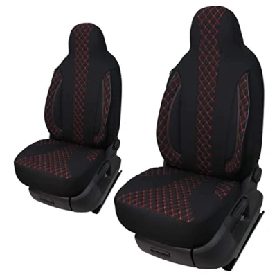 Imagen de Fundas de asiento a medida, juego asientos piloto para conductor y copiloto, compatible con autocaravana FIAT Ducato, Pössl, Knaus, Adria, Carthago, Pilote Laika WPL402, costuras negras rojas