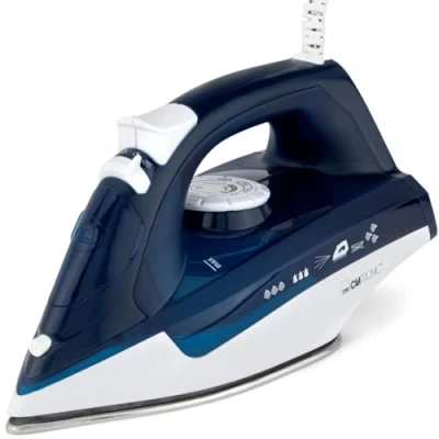 Imagen de Clatronic DB 3704 Plancha Suela Acero INOX, Vertical, Golpe de Vapor, autolimpieza, antigoteo, 7 Funciones 2200W, 2200 W, Especial Inoxidable, Blanco/Azul