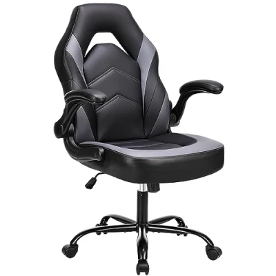 Imagen de Sweetcrispy Silla de Oficina ergonómica para Videojuegos, Ajustable, giratoria, Piel sintética, con reposabrazos Plegable, Negro y Gris, Talla única
