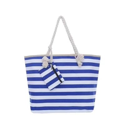 Imagen de DonDon bolsa de playa grande con cremallera 58 x 38 18 cm rayas marítimas azul blanco shopper hombro